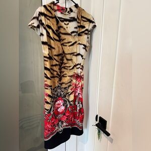 Roberto Cavalli Tan Black Red Floral Animal Print Dress